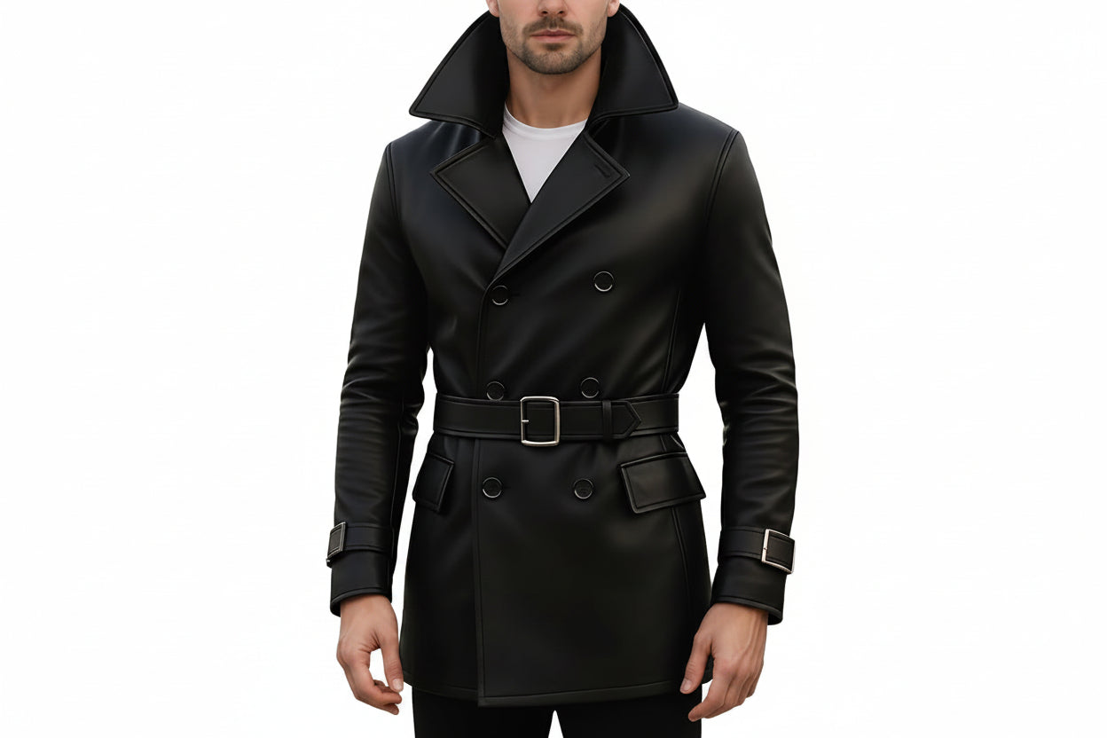 Men's blazer forge urban style genuine soft lambskin real leather double-breasted pea coat in jet black featuring an exaggerated high collar, wide notch lapels, matching waist belt with metallic silver buckle, flap pockets, buckled sleeve cuffs, long fitted sleeves, mid-length cut, and custom made-to-measure fitting across the UK, USA, and Australia.