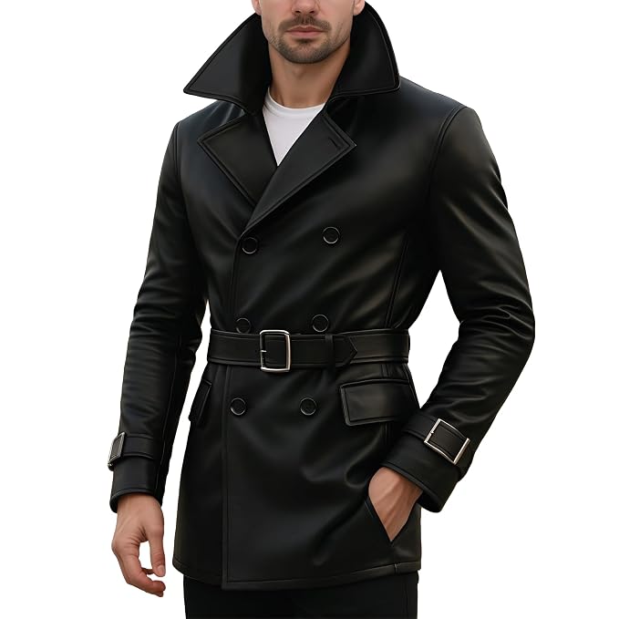 Men's blazer forge urban style genuine soft lambskin real leather double-breasted pea coat in jet black featuring an exaggerated high collar, wide notch lapels, matching waist belt with metallic silver buckle, flap pockets, buckled sleeve cuffs, long fitted sleeves, mid-length cut, and custom made-to-measure fitting across the UK, USA, and Australia.side