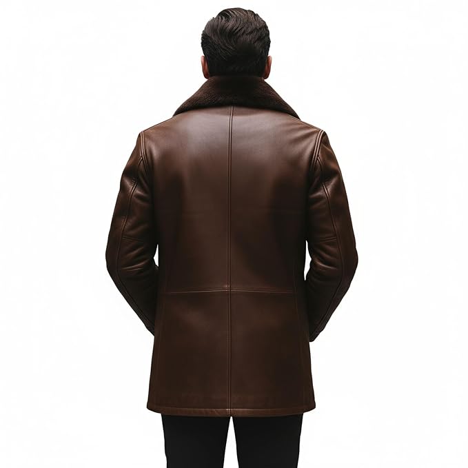 Men's blazer loom outback style genuine soft lambskin real leather long coat in dark mahogany espresso brown featuring plush dark brown fur-lined notch lapels, single-breasted button front closure, side handwarmer pockets, long fitted sleeves, mid-thigh length cut, and custom made-to-measure fitting across the UK, USA, and Australia.