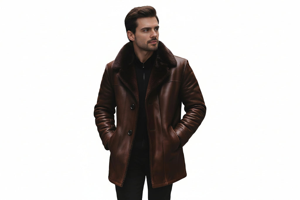 Men's blazer loom outback style genuine soft lambskin real leather long coat in dark mahogany espresso brown featuring plush dark brown fur-lined notch lapels, single-breasted button front closure, side handwarmer pockets, long fitted sleeves, mid-thigh length cut, and custom made-to-measure fitting across the UK, USA, and Australia.