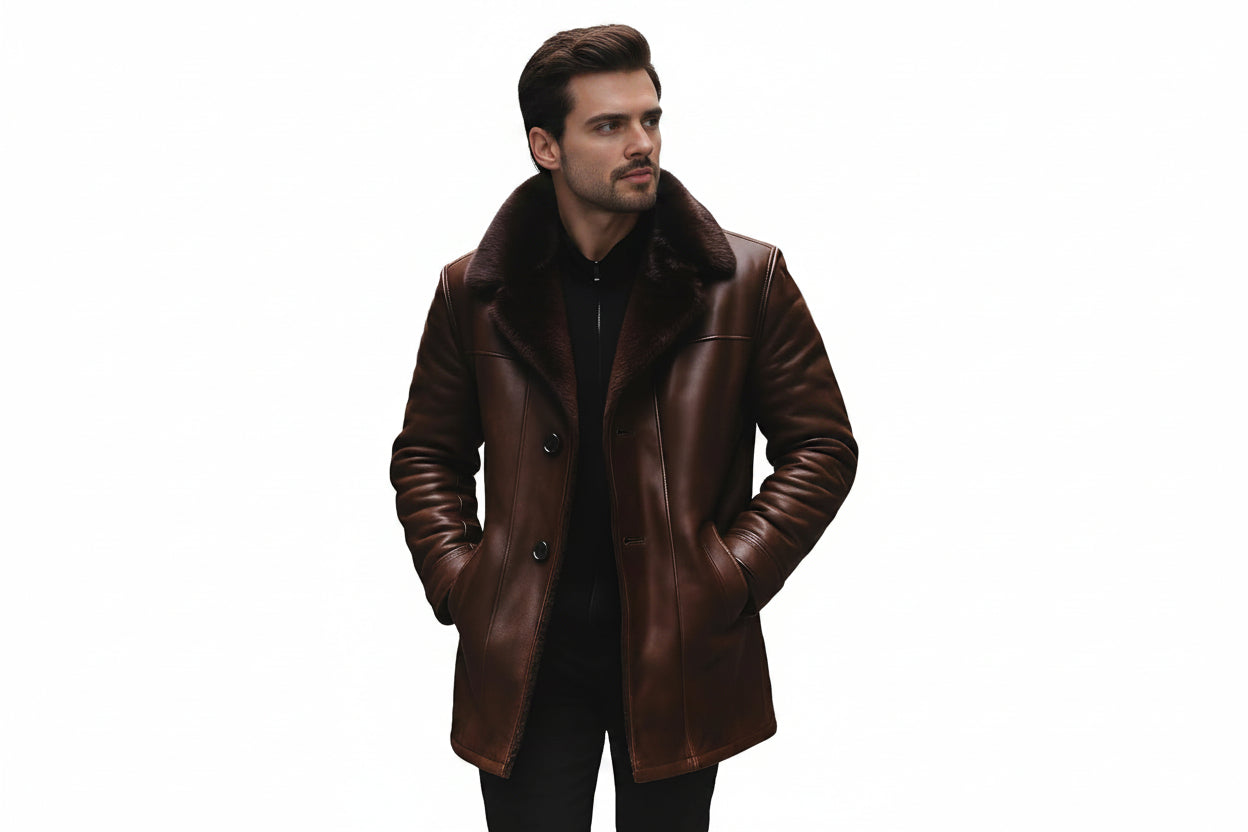 Men's blazer loom outback style genuine soft lambskin real leather long coat in dark mahogany espresso brown featuring plush dark brown fur-lined notch lapels, single-breasted button front closure, side handwarmer pockets, long fitted sleeves, mid-thigh length cut, and custom made-to-measure fitting across the UK, USA, and Australia.