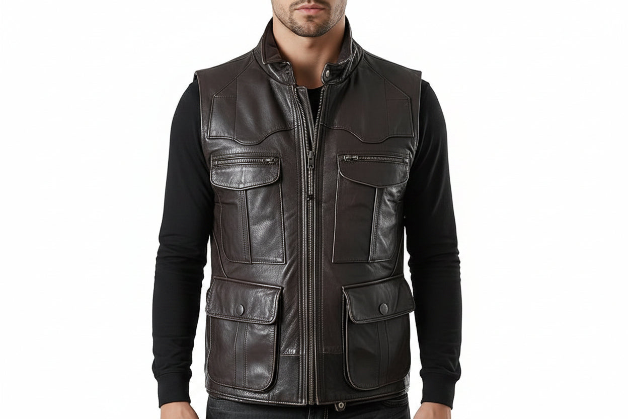 Bold Pelt Modern Slim Fit Designer Men’s Genuine Leather Vest – Custom Leather Apparel by UrbanHides