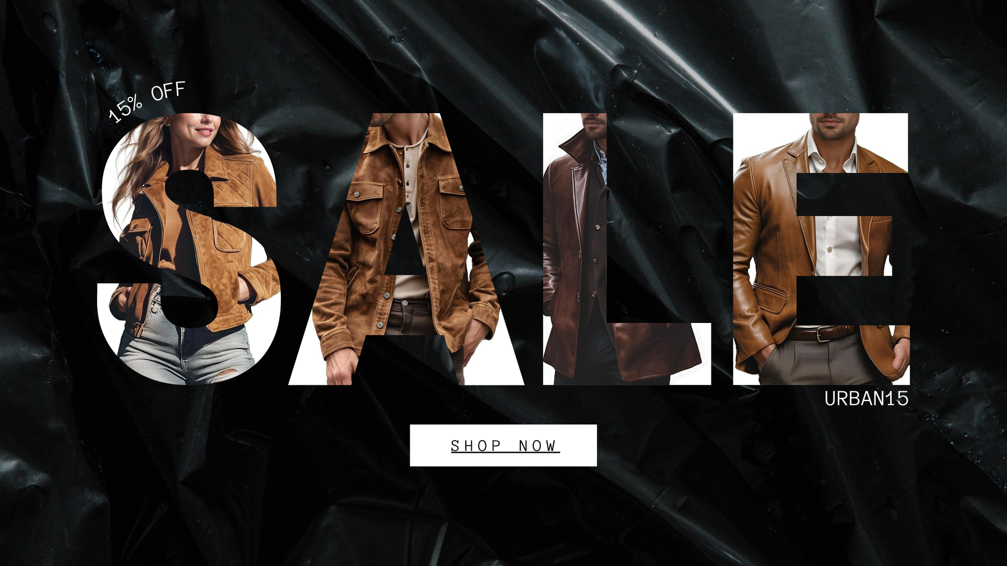 UrbanHides sale banner offering 15% off premium leather jackets, coats, vests and apparel.