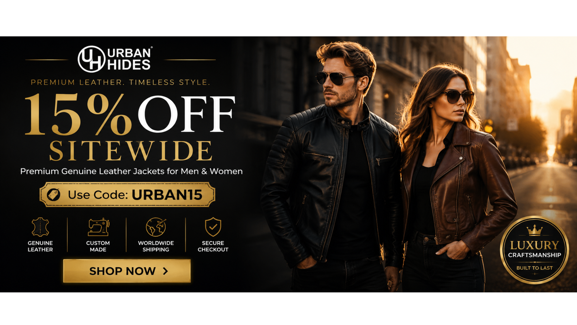 Promotional banner for Urban Hides featuring a man and a woman wearing black leather jackets on a city street at sunset, with large text offering 15% off sitewide and a gold 'Shop Now' button.