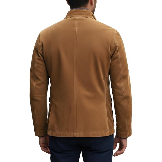 Men's burnout forge crown line genuine real soft suede leather blazer jacket in tobacco camel featuring a high stand-up collar, single-breasted front button closure with engraved contrast buttons, patch chest pocket, dual lower rounded flap waist pockets, tailored slim fit silhouette, and custom made-to-measure tailoring across the UK, USA, and Australia.back