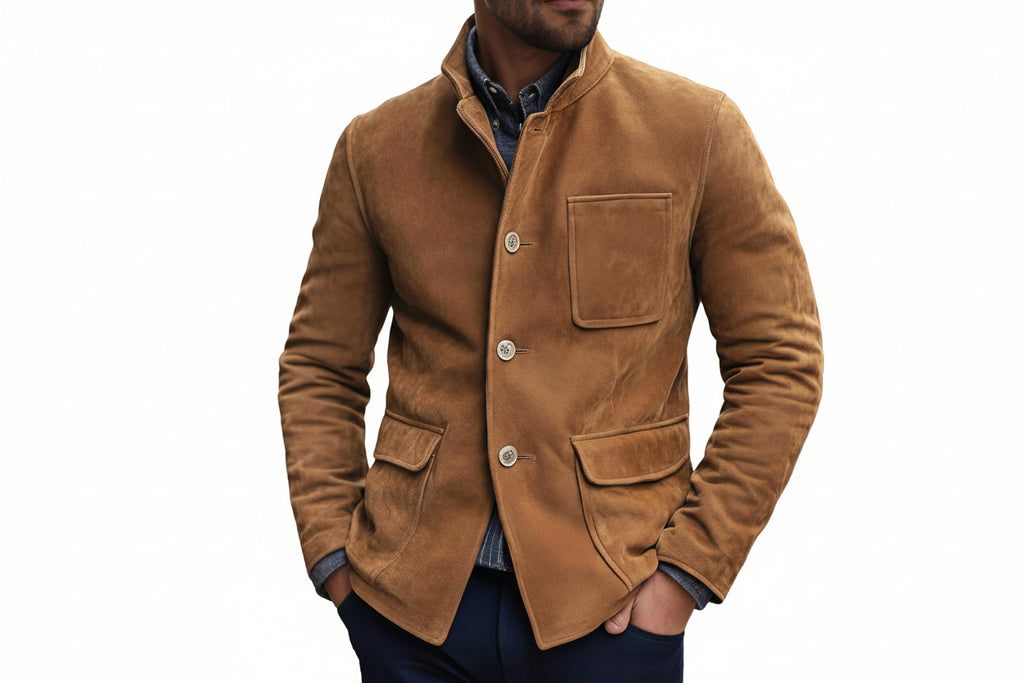Men's burnout forge crown line genuine real soft suede leather blazer jacket in tobacco camel featuring a high stand-up collar, single-breasted front button closure with engraved contrast buttons, patch chest pocket, dual lower rounded flap waist pockets, tailored slim fit silhouette, and custom made-to-measure tailoring across the UK, USA, and Australia.