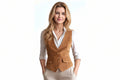 Celeste Bloom women's golden cognac tan genuine suede leather waistcoat vest featuring a deep V-neckline, five-button front closure with suede-covered buttons, dual buttoned flap waist pockets, angled pointed hem, tailored waist-cinching fit, and custom made-to-measure fitting across the UK, USA, and Australia.