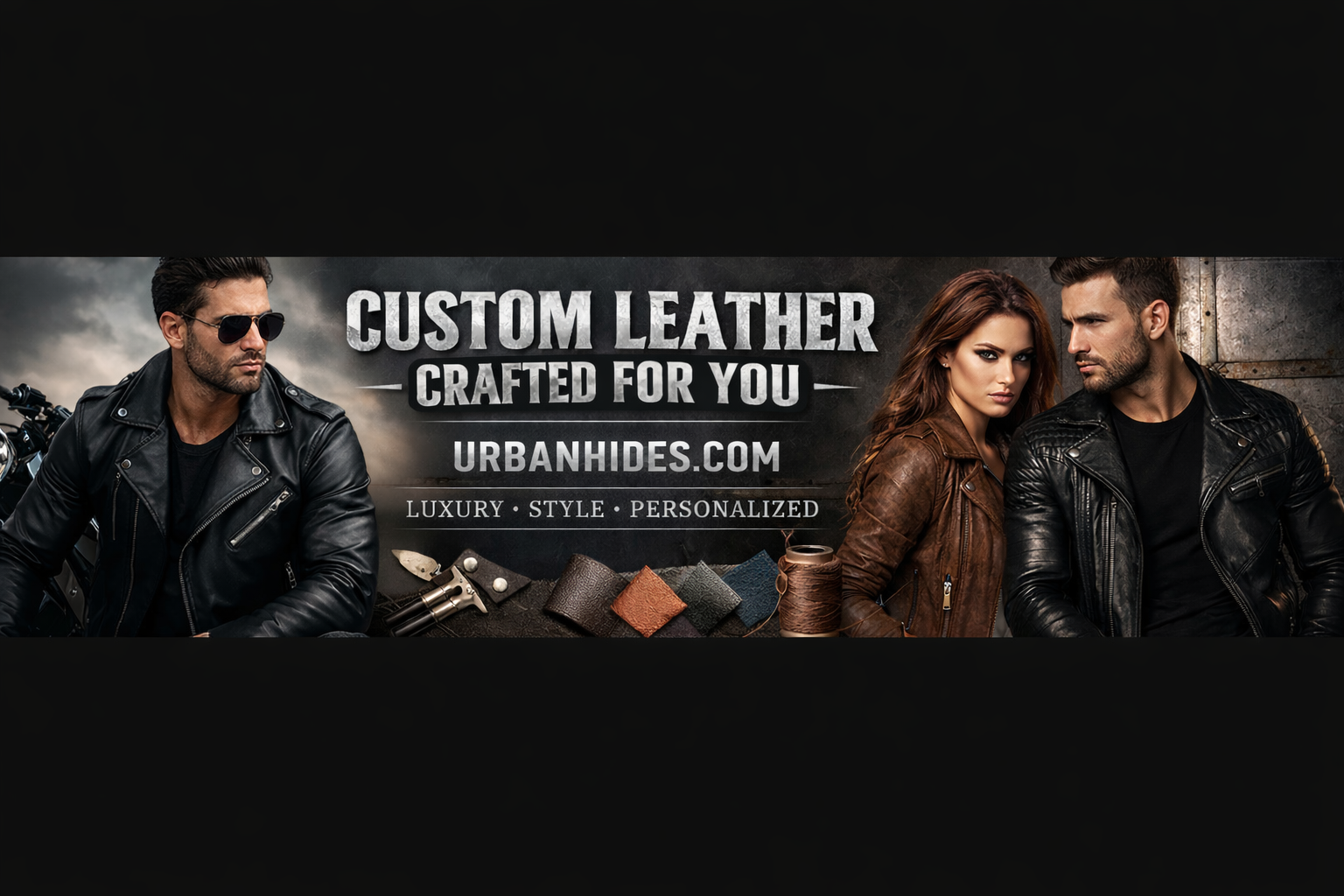UrbanHides premium genuine leather jackets promotional banner featuring men's and women's luxury leather jackets with 15% off discount, handcrafted leather fashion, worldwide shipping, USA and Europe.