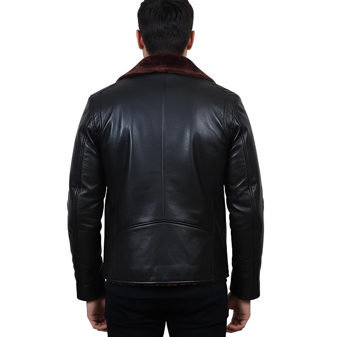 Chrome Craft men's black lambskin leather motorcycle jacket featuring an asymmetric diagonal zip closure, brown shearling fur lapel lining, chrome zipper hardware, zip cuffs, and custom made-to-measure fitting across the UK, USA, and Australia.back