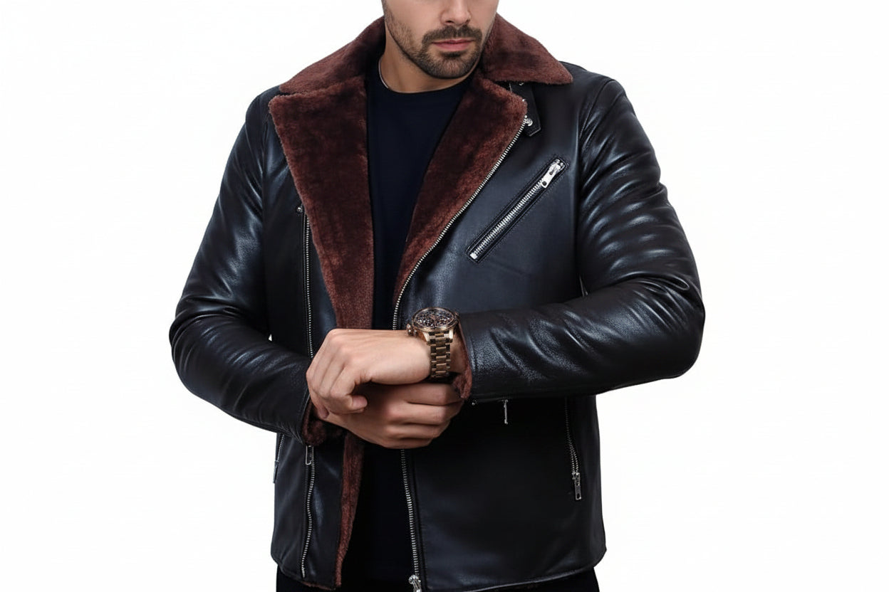 Chrome Craft men's black lambskin leather motorcycle jacket featuring an asymmetric diagonal zip closure, brown shearling fur lapel lining, chrome zipper hardware, zip cuffs, and custom made-to-measure fitting across the UK, USA, and Australia.