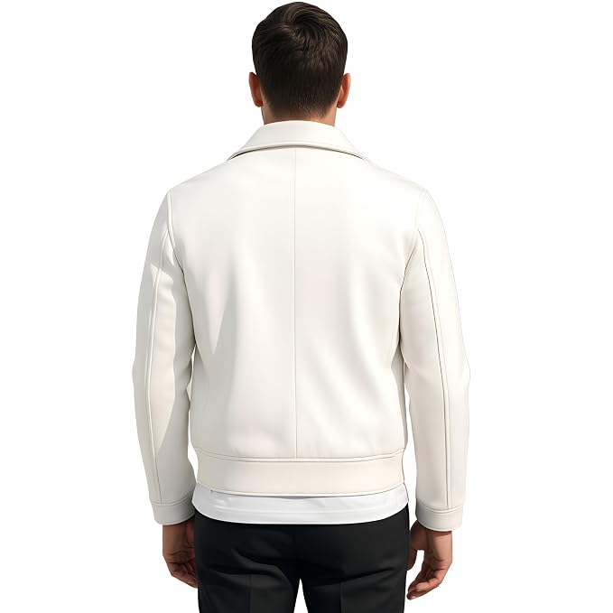 Chrome Edge men's off-white lambskin leather cropped bomber jacket featuring a spread point collar, dual oversized flap waist pockets, silver zip closure, and custom made-to-measure fitting across the UK, USA, and Australia.back