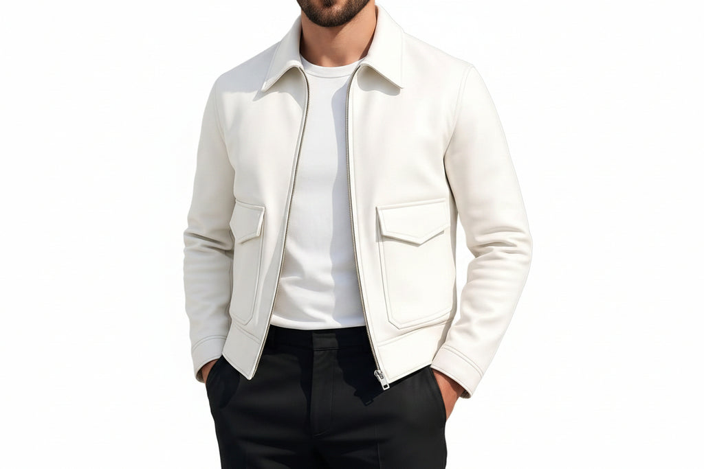 Chrome Edge men's off-white lambskin leather cropped bomber jacket featuring a spread point collar, dual oversized flap waist pockets, silver zip closure, and custom made-to-measure fitting across the UK, USA, and Australia.