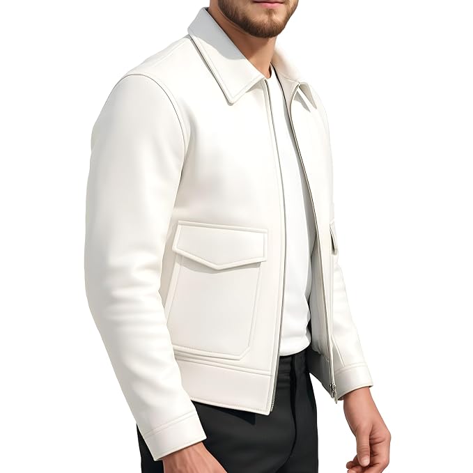 Chrome Edge men's off-white lambskin leather cropped bomber jacket featuring a spread point collar, dual oversized flap waist pockets, silver zip closure, and custom made-to-measure fitting across the UK, USA, and Australia.side