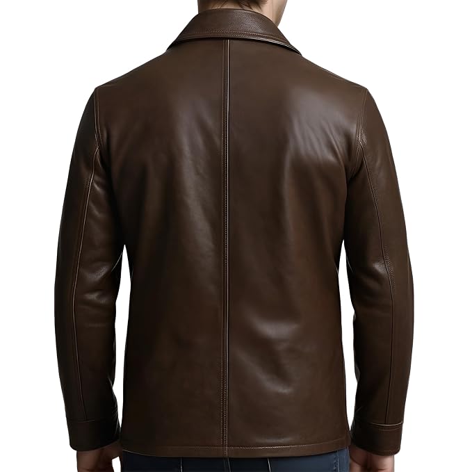 Chrome Forge men's pure chocolate brown lambskin leather fashion jacket featuring a spread collar, 4 flap cargo utility pockets, button-front closure, and custom made-to-measure fitting across the UK, USA, and Australia.back