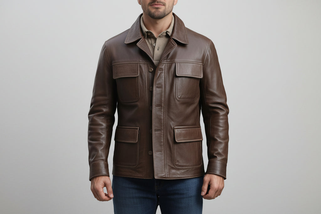 Chrome Forge men's pure chocolate brown lambskin leather fashion jacket featuring a spread collar, 4 flap cargo utility pockets, button-front closure, and custom made-to-measure fitting across the UK, USA, and Australia.