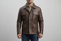 Chrome Forge men's pure chocolate brown lambskin leather fashion jacket featuring a spread collar, 4 flap cargo utility pockets, button-front closure, and custom made-to-measure fitting across the UK, USA, and Australia.