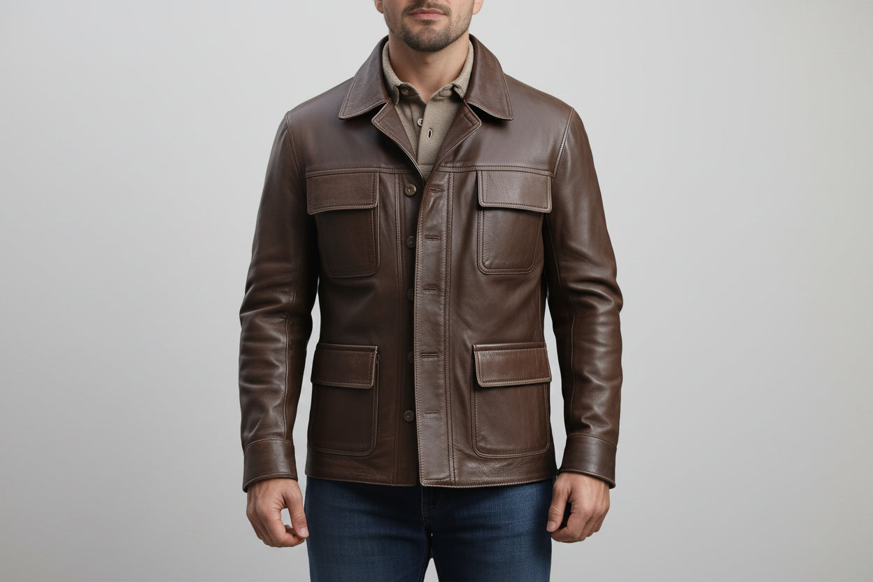 Chrome Forge men's pure chocolate brown lambskin leather fashion jacket featuring a spread collar, 4 flap cargo utility pockets, button-front closure, and custom made-to-measure fitting across the UK, USA, and Australia.