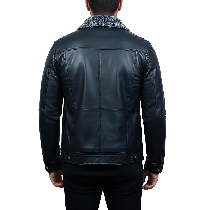 Chrome Gear men's dark slate navy lambskin leather slim-fit racer jacket featuring a textured grey fleece collar, snap-button front closure, chest flap pockets, and custom made-to-measure fitting across the UK, USA, and Australia.back