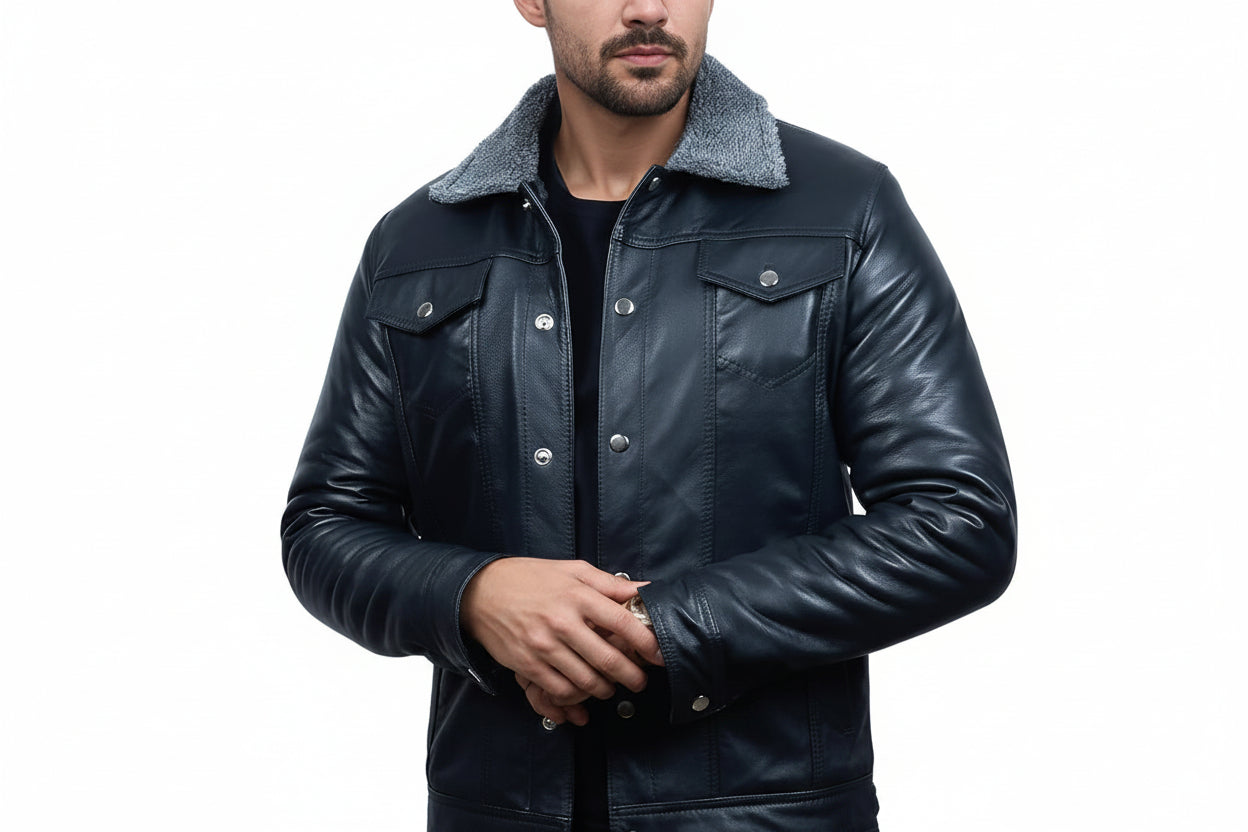 Chrome Gear men's dark slate navy lambskin leather slim-fit racer jacket featuring a textured grey fleece collar, snap-button front closure, chest flap pockets, and custom made-to-measure fitting across the UK, USA, and Australia.