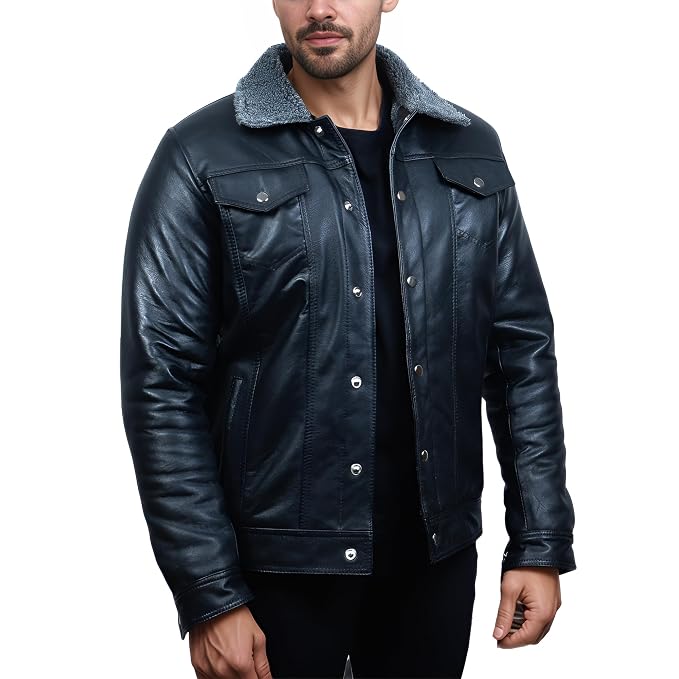 Chrome Gear men's dark slate navy lambskin leather slim-fit racer jacket featuring a textured grey fleece collar, snap-button front closure, chest flap pockets, and custom made-to-measure fitting across the UK, USA, and Australia.side