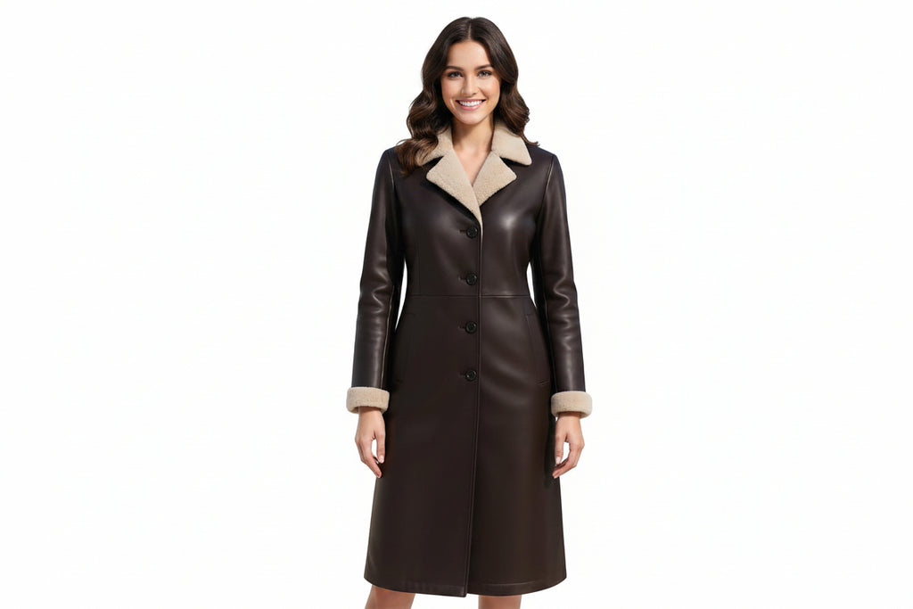 Chrome Siren women's dark espresso brown genuine lambskin leather winter coat featuring a plush beige shearling notch lapel collar, shearling-trimmed cuffs, single-breasted button closure, and custom made-to-measure fitting across the UK, USA, and Australia.