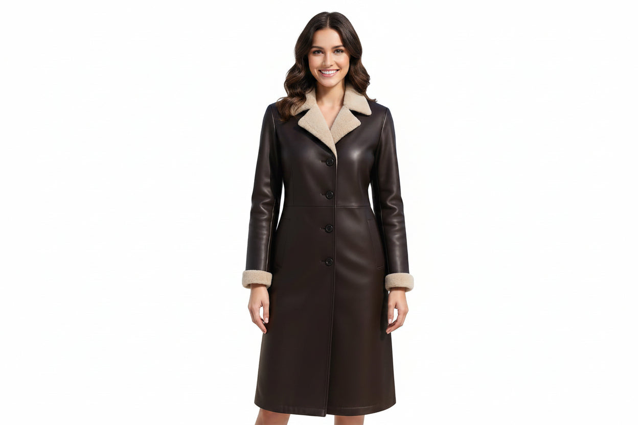 Chrome Siren women's dark espresso brown genuine lambskin leather winter coat featuring a plush beige shearling notch lapel collar, shearling-trimmed cuffs, single-breasted button closure, and custom made-to-measure fitting across the UK, USA, and Australia.