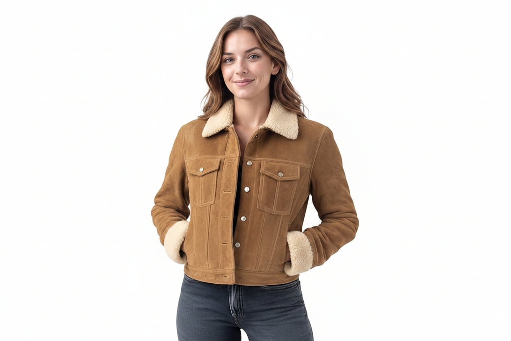A woman wearing a brown suede jacket with a cream sherpa lining, paired with dark gray jeans, against a solid white background.