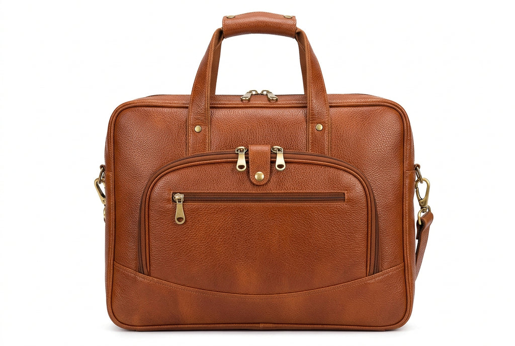 Buy leather bag: tan full grain leather laptop briefcase with back zip pocket and top handles