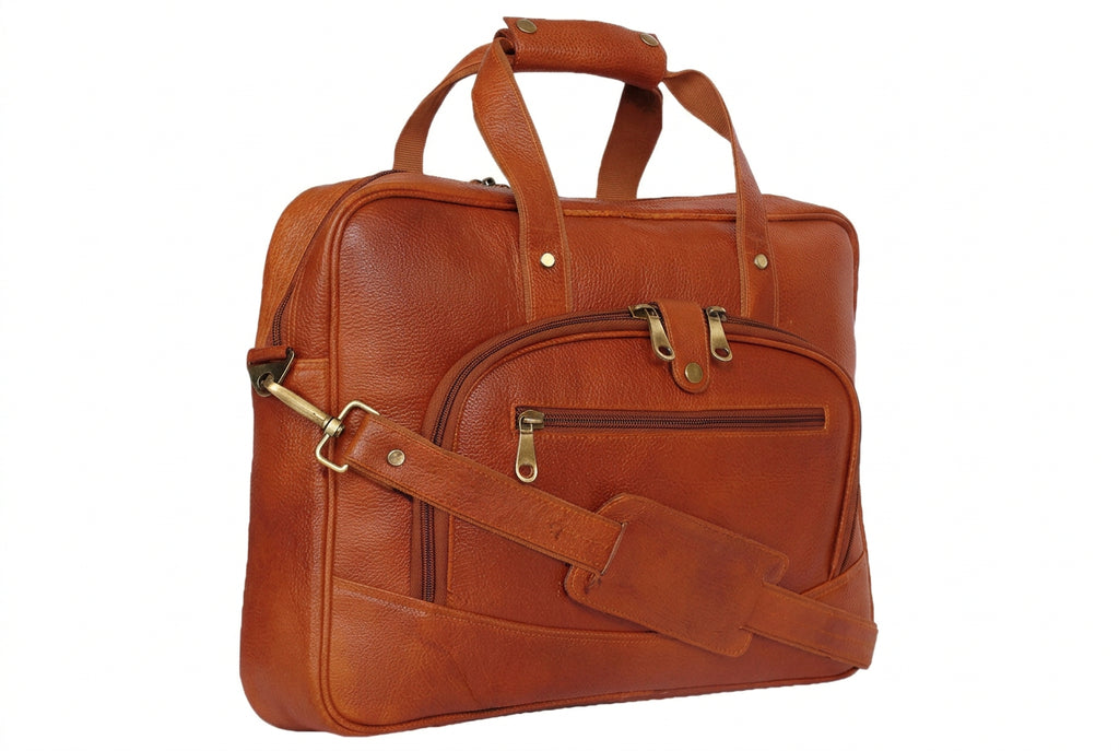 Buy leather bag: tan full grain leather laptop briefcase with back zip pocket and top handles