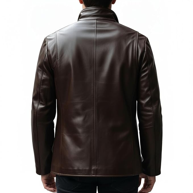 Men's classic edge elite vintage style genuine soft lambskin real leather coat in deep chocolate brown featuring a convertible stand collar, front button placket closure, left chest horizontal welt pocket, side handwarmer pockets, long fitted sleeves, hip-length car coat cut, and custom made-to-measure fitting across the UK, USA, and Australia.back