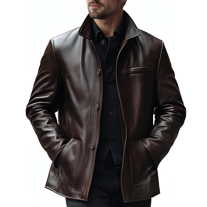 Men's classic edge elite vintage style genuine soft lambskin real leather coat in deep chocolate brown featuring a convertible stand collar, front button placket closure, left chest horizontal welt pocket, side handwarmer pockets, long fitted sleeves, hip-length car coat cut, and custom made-to-measure fitting across the UK, USA, and Australia.side