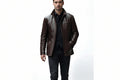 Men's classic edge elite vintage style genuine soft lambskin real leather coat in deep chocolate brown featuring a convertible stand collar, front button placket closure, left chest horizontal welt pocket, side handwarmer pockets, long fitted sleeves, hip-length car coat cut, and custom made-to-measure fitting across the UK, USA, and Australia.