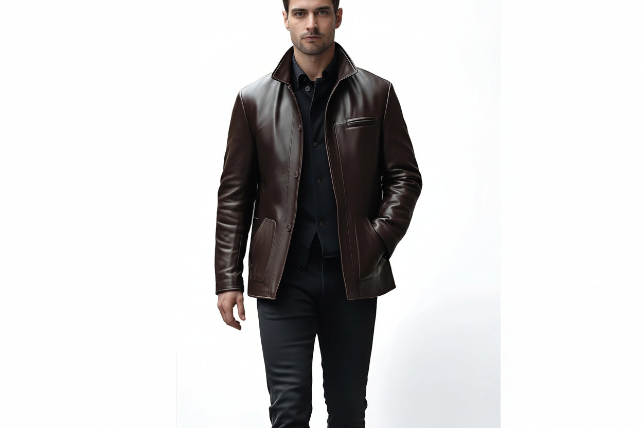 Men's classic edge elite vintage style genuine soft lambskin real leather coat in deep chocolate brown featuring a convertible stand collar, front button placket closure, left chest horizontal welt pocket, side handwarmer pockets, long fitted sleeves, hip-length car coat cut, and custom made-to-measure fitting across the UK, USA, and Australia.