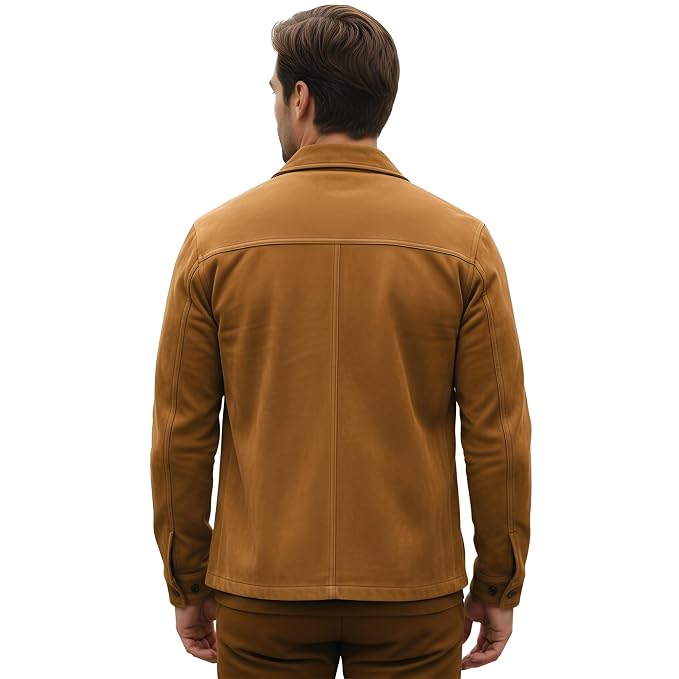 Classic Forge men's golden tan genuine suede leather retro racer jacket featuring a spread collar, dual buttoned chest flap pockets, button-front closure, side welt pockets, and custom made-to-measure fitting across the UK, USA, and Australia.back