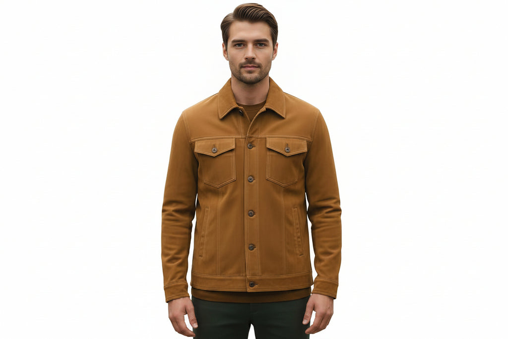 Classic Forge men's golden tan genuine suede leather retro racer jacket featuring a spread collar, dual buttoned chest flap pockets, button-front closure, side welt pockets, and custom made-to-measure fitting across the UK, USA, and Australia.