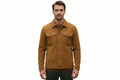 Classic Forge men's golden tan genuine suede leather retro racer jacket featuring a spread collar, dual buttoned chest flap pockets, button-front closure, side welt pockets, and custom made-to-measure fitting across the UK, USA, and Australia.
