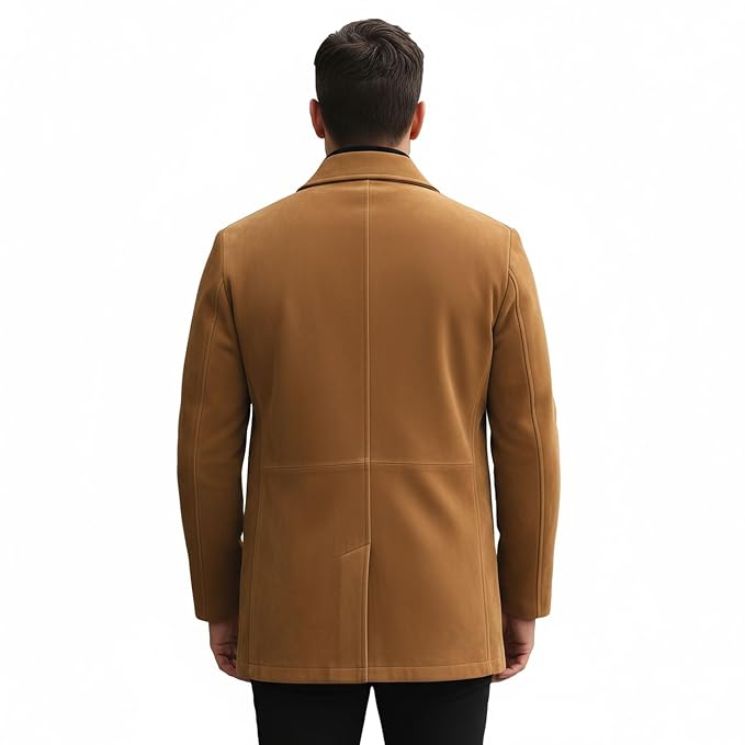 Men's classic knight designer cut genuine soft suede real leather coat in warm tan camel featuring sharp notch lapels, single-breasted three-button front closure, angled side welt pockets, long fitted sleeves, mid-length blazer-coat cut, and custom made-to-measure fitting across the UK, USA, and Australia.back