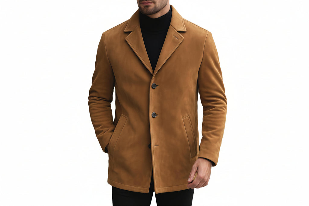 Men's classic knight designer cut genuine soft suede real leather coat in warm tan camel featuring sharp notch lapels, single-breasted three-button front closure, angled side welt pockets, long fitted sleeves, mid-length blazer-coat cut, and custom made-to-measure fitting across the UK, USA, and Australia.