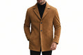 Men's classic knight designer cut genuine soft suede real leather coat in warm tan camel featuring sharp notch lapels, single-breasted three-button front closure, angled side welt pockets, long fitted sleeves, mid-length blazer-coat cut, and custom made-to-measure fitting across the UK, USA, and Australia.