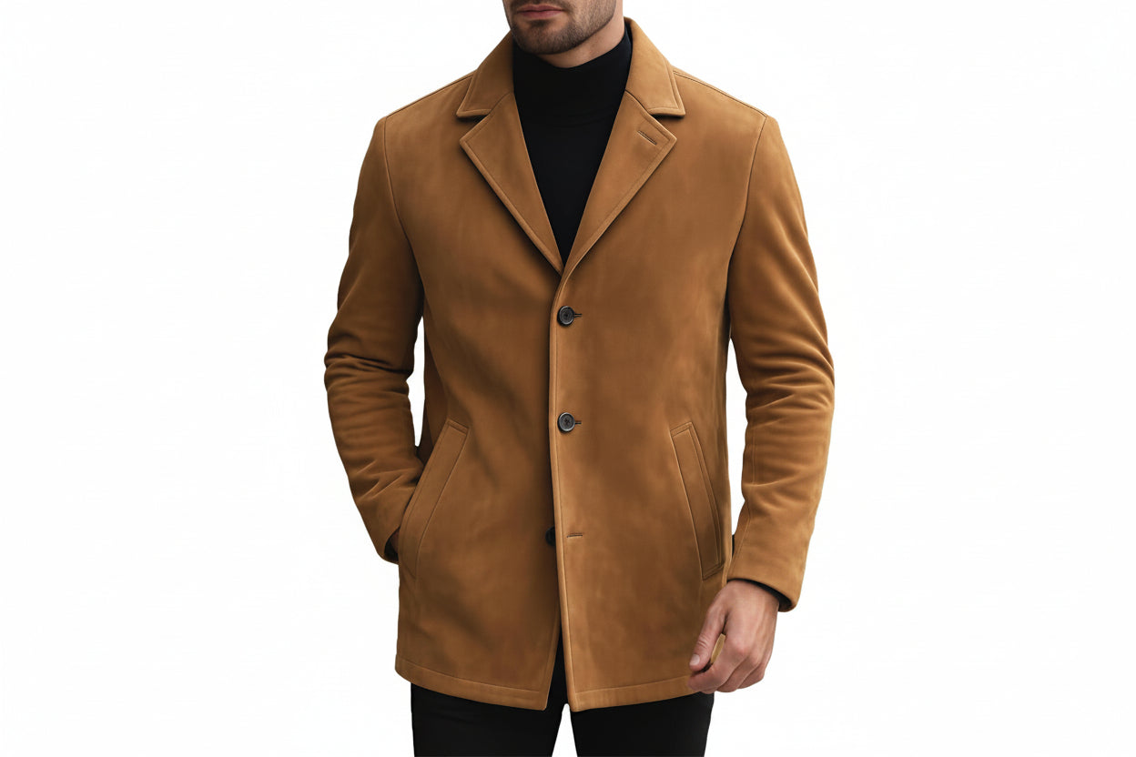 Men's classic knight designer cut genuine soft suede real leather coat in warm tan camel featuring sharp notch lapels, single-breasted three-button front closure, angled side welt pockets, long fitted sleeves, mid-length blazer-coat cut, and custom made-to-measure fitting across the UK, USA, and Australia.