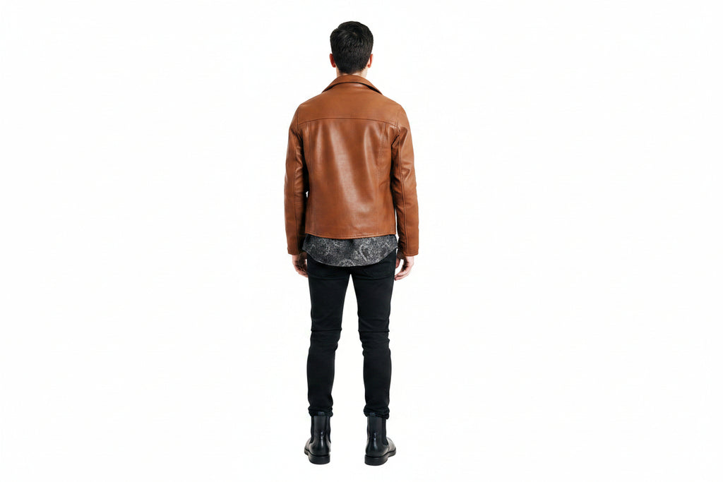 Men's classic cognac tan genuine soft lambskin real leather motorcycle biker jacket featuring broad snap-down notch lapels, asymmetrical front zip closure, diagonal zipper chest pocket, zipper expansion cuffs, long fitted sleeves, and custom made-to-measure fitting across the UK, USA, and Australia.back