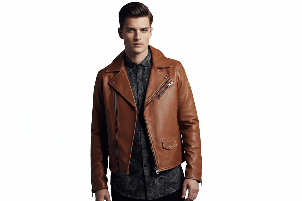 Men's classic cognac tan genuine soft lambskin real leather motorcycle biker jacket featuring broad snap-down notch lapels, asymmetrical front zip closure, diagonal zipper chest pocket, zipper expansion cuffs, long fitted sleeves, and custom made-to-measure fitting across the UK, USA, and Australia.