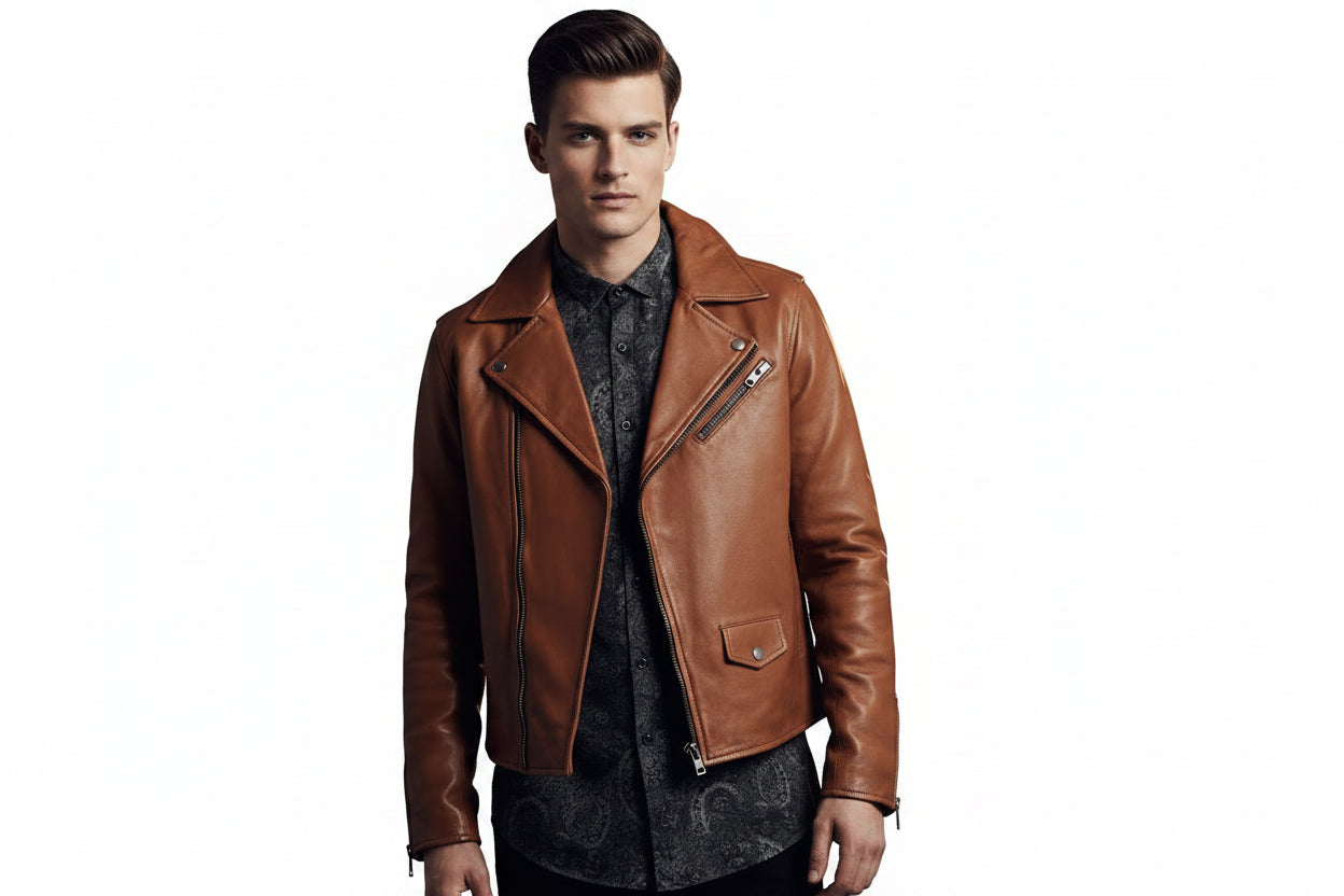 Men's classic cognac tan genuine soft lambskin real leather motorcycle biker jacket featuring broad snap-down notch lapels, asymmetrical front zip closure, diagonal zipper chest pocket, zipper expansion cuffs, long fitted sleeves, and custom made-to-measure fitting across the UK, USA, and Australia.