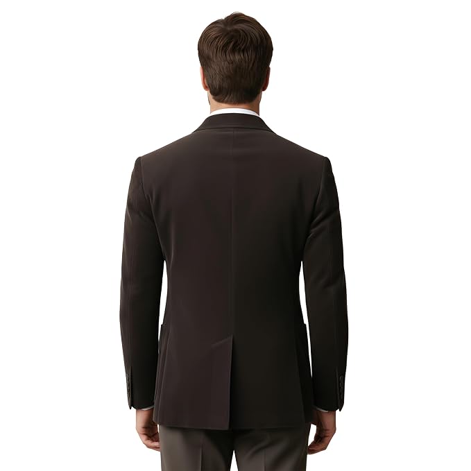 Men's classic mantle classic fit genuine real soft suede leather office blazer suit jacket in dark chocolate brown featuring broad sartorial peak lapels, double-breasted six-button front closure, upper welt chest pocket with white pocket square, dual lower patch waist pockets, tailored structure, and custom made-to-measure tailoring across the UK, USA, and Australia.back