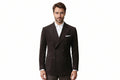 Men's classic mantle classic fit genuine real soft suede leather office blazer suit jacket in dark chocolate brown featuring broad sartorial peak lapels, double-breasted six-button front closure, upper welt chest pocket with white pocket square, dual lower patch waist pockets, tailored structure, and custom made-to-measure tailoring across the UK, USA, and Australia.