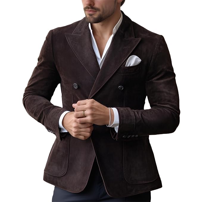 Men's classic mantle classic fit genuine real soft suede leather office blazer suit jacket in dark chocolate brown featuring broad sartorial peak lapels, double-breasted six-button front closure, upper welt chest pocket with white pocket square, dual lower patch waist pockets, tailored structure, and custom made-to-measure tailoring across the UK, USA, and Australia.Side