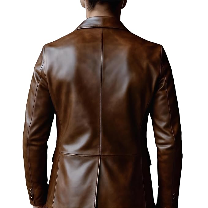 Men's crest brown vintage finish genuine real lambskin soft leather blazer suit jacket in hand-rubbed cognac brown featuring sharp notch lapels, single-breasted two-button front closure, welt chest pocket with pocket square, dual lower flap waist pockets, tailored slim fit silhouette, and custom made-to-measure tailoring across the UK, USA, and Australia.back