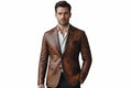 Men's crest brown vintage finish genuine real lambskin soft leather blazer suit jacket in hand-rubbed cognac brown featuring sharp notch lapels, single-breasted two-button front closure, welt chest pocket with pocket square, dual lower flap waist pockets, tailored slim fit silhouette, and custom made-to-measure tailoring across the UK, USA, and Australia.