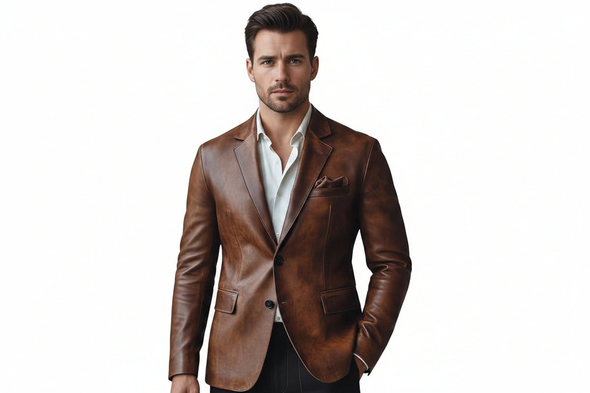 Men's crest brown vintage finish genuine real lambskin soft leather blazer suit jacket in hand-rubbed cognac brown featuring sharp notch lapels, single-breasted two-button front closure, welt chest pocket with pocket square, dual lower flap waist pockets, tailored slim fit silhouette, and custom made-to-measure tailoring across the UK, USA, and Australia.