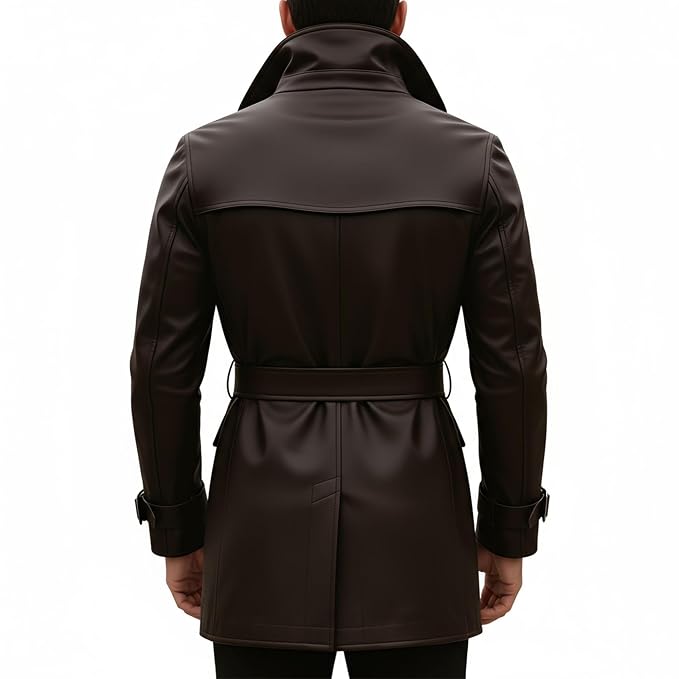 Men's crest mark minimalist genuine soft lambskin real leather long trench coat in dark espresso brown featuring an exaggerated high stand collar, wide notch lapels, double-breasted button front closure, matching waist belt with metallic silver buckle, flap pockets, buckled sleeve cuffs, long fitted sleeves, mid-thigh length cut, and custom made-to-measure fitting across the UK, USA, and Australia.back